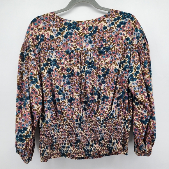Maeve Anthropologie Odette Smocked Pink Blue Floral Blouse Medium - Picture 3 of 11